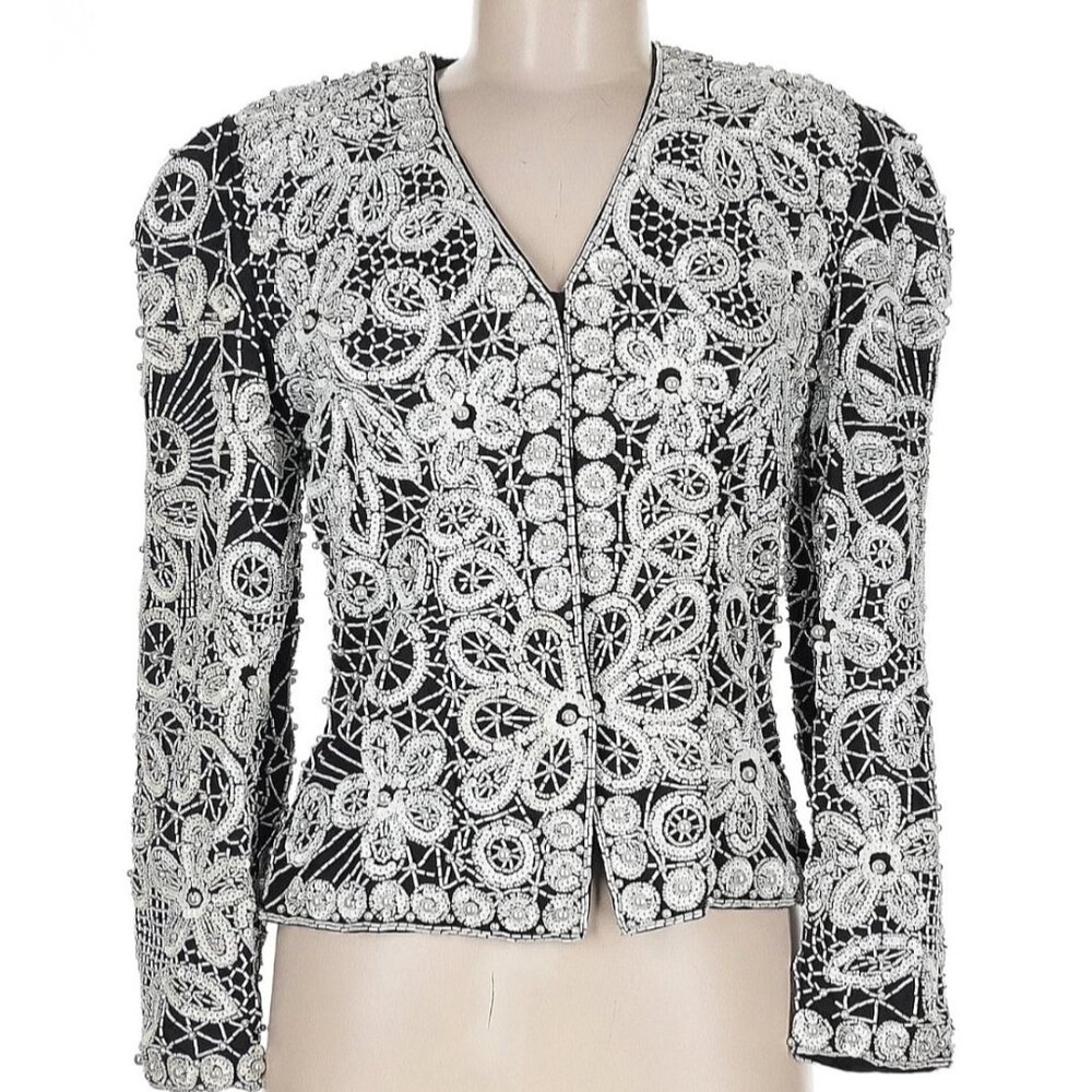 Black Tie Evening Jacket Black Silk Blazer White Beaded Sequin Floral Sz Med VTG